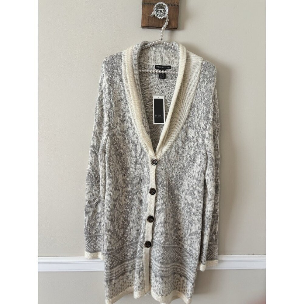 NWT Design History Womens Size XL Gray Cream Long Cardigan Sweater Button Front